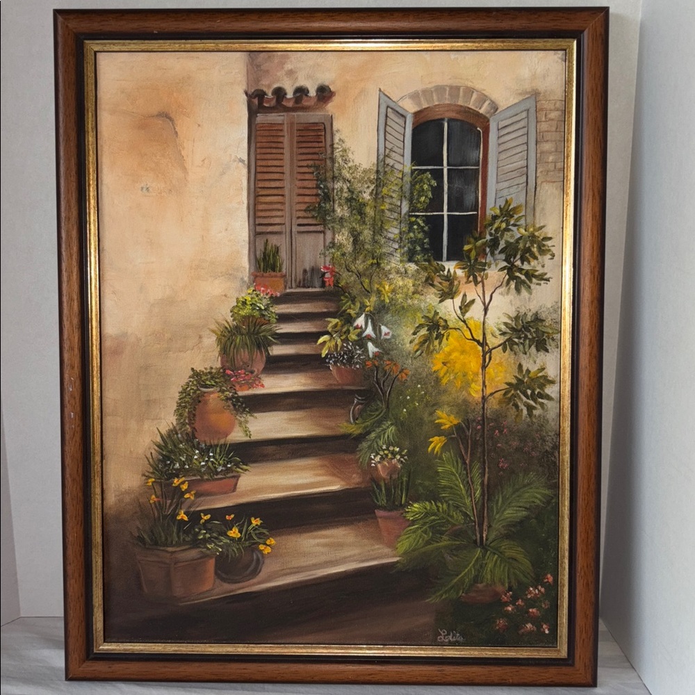 Vintage Spanish charm Garden Stairway Framed Art Print with frame